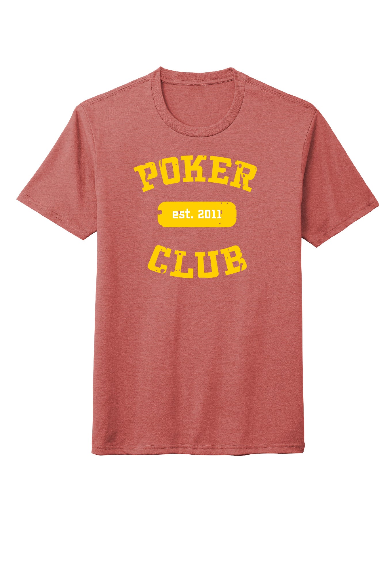 blush colored shirt with the words poker club established 2011 written in gold
