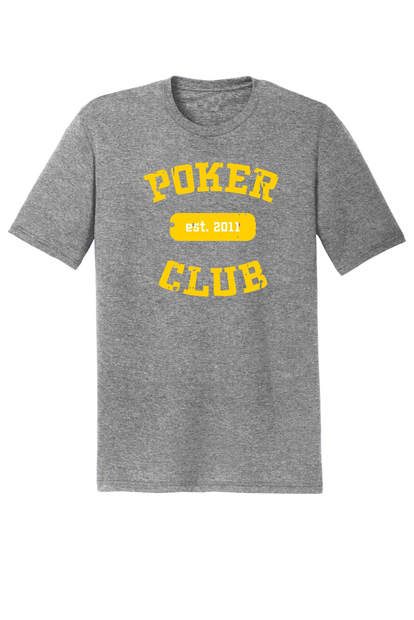 Grey Shirt with the word Poker Club established 2011 written in gold